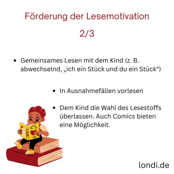 Lesemotivation des Kindes fördern, Teil 2: Gemeinsames Lesen mit dem Kind; in Ausnahmefällen vorlesen; dem Kind die Wahl des Lesestoffs überlassen