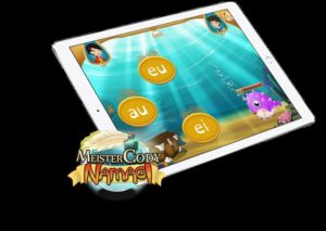 Visuelle Darstellung des digitalen Trainings "Meister Cody Namagi" der Vorläuferfertigkeiten im Lesen und Rechtschreiben als Tabletspiel